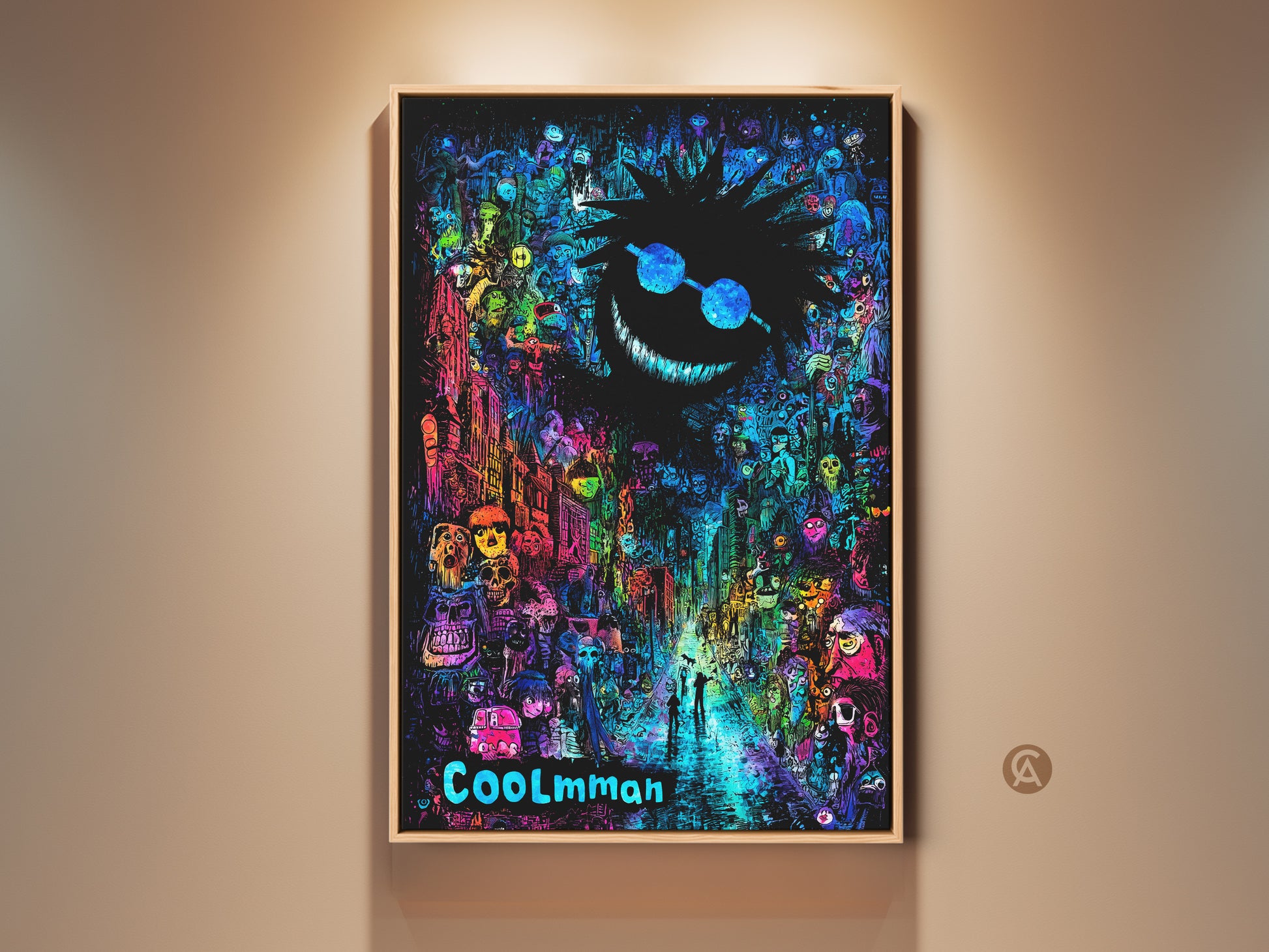 Framed COOLmman poster art. The artwork features a dark grinning face with sunglasses looming over a psychedelic street scene. This framed poster is ready to hang and adds a unique touch to any room.