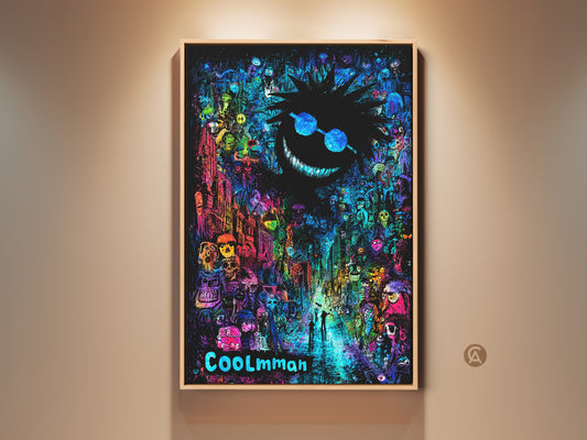 Framed COOLmman poster art. The artwork features a dark grinning face with sunglasses looming over a psychedelic street scene. This framed poster is ready to hang and adds a unique touch to any room.