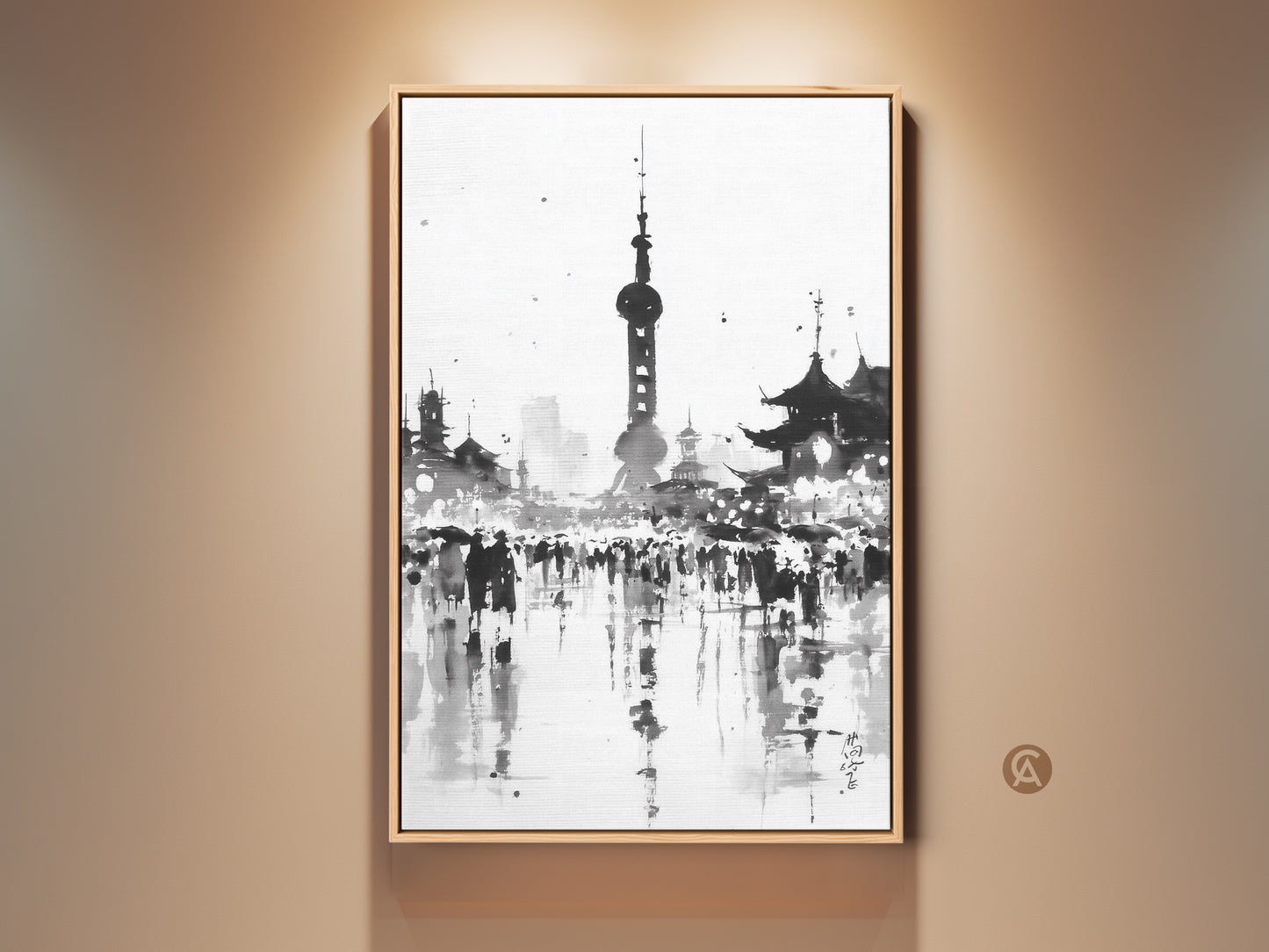 Framed canvas print of Shanghai city skyline artwork. This black and white art features the Oriental Pearl Tower. The floating frame is oak color. Ready to hang in your home or office.