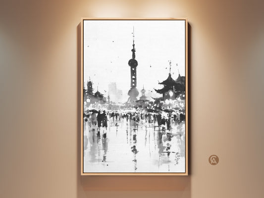 Framed canvas print of Shanghai city skyline artwork. This black and white art features the Oriental Pearl Tower. The floating frame is oak color. Ready to hang in your home or office.