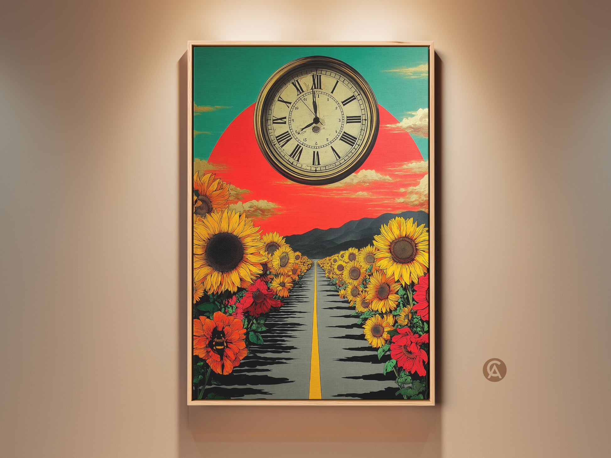 A surreal sunflower road art print. The image features a road lined with yellow sunflowers and red flowers. A vintage clock hovers above a red sun. This eclectic artwork adds a retro touch to any room. It's a unique birthday gift.