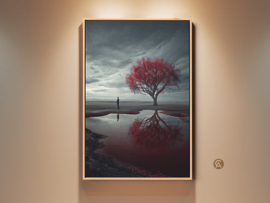 Contemporary canvas art print showcases a surreal desert landscape. A lone man gazes at a vibrant red tree mirrored in water. The moody artwork uses deep greys blacks and red. It creates a thought-provoking atmosphere. Perfect as housewarming gift or for surrealism art collections.