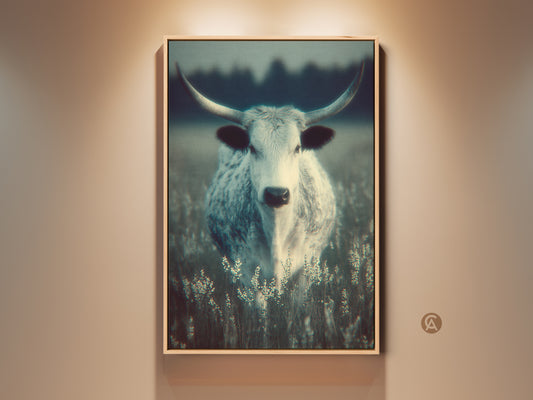 Framed artwork of a white longhorn bull in a field. This fine art print is a great way to bring nature into your home. The floating frame adds a touch of elegance to the piece. It's a perfect addition to any room in your house.