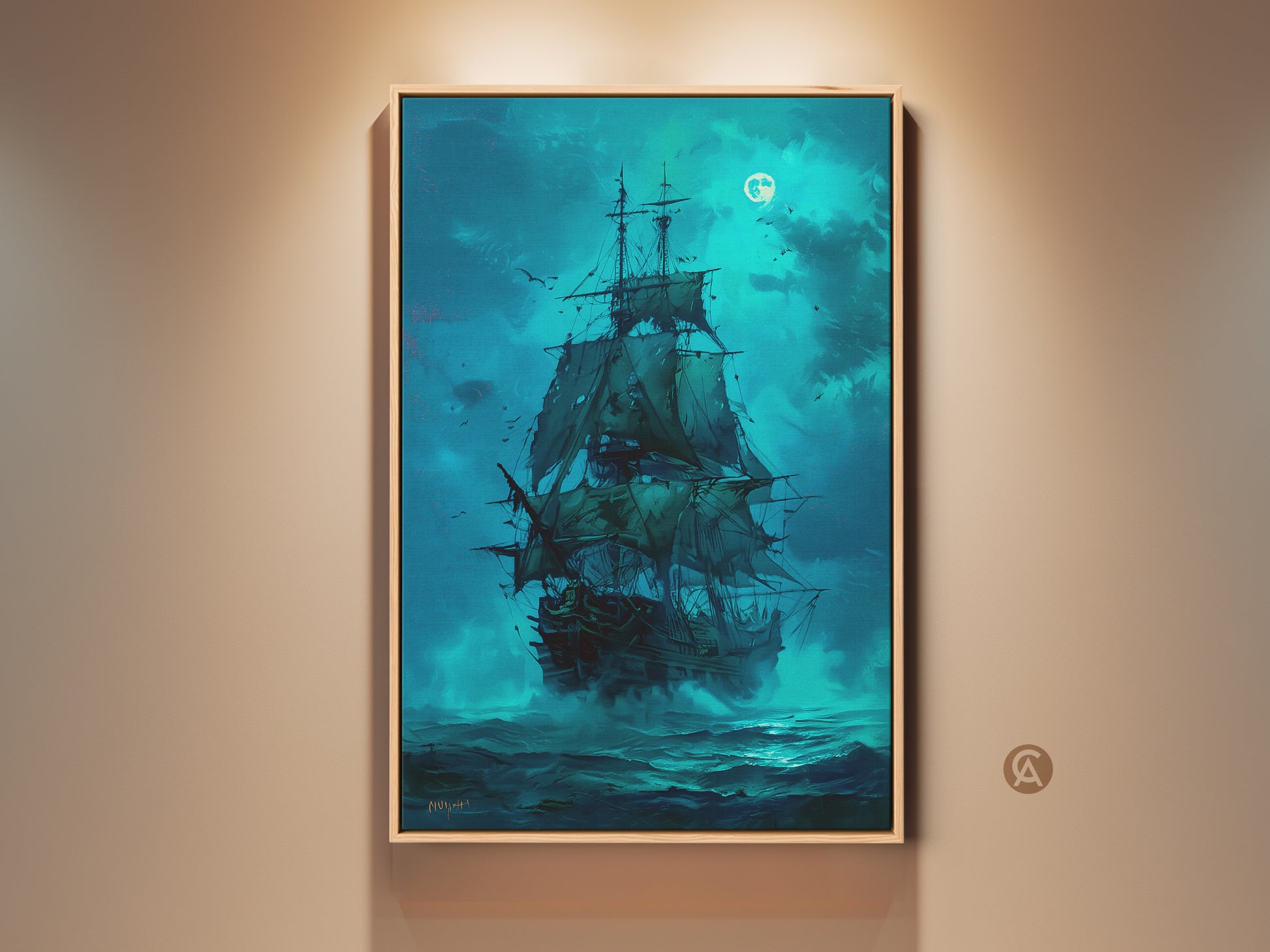 Framed Artwork of a Pirate Ship Sailing Under the Moonlight. This wall art is perfect for any room. The canvas art features rich blues and blacks. The vintage style adds character. A great choice for home decor. Buy this nautical themed art today