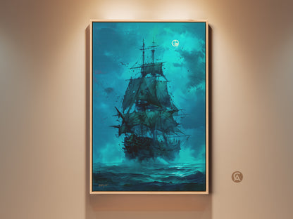 Framed Artwork of a Pirate Ship Sailing Under the Moonlight. This wall art is perfect for any room. The canvas art features rich blues and blacks. The vintage style adds character. A great choice for home decor. Buy this nautical themed art today