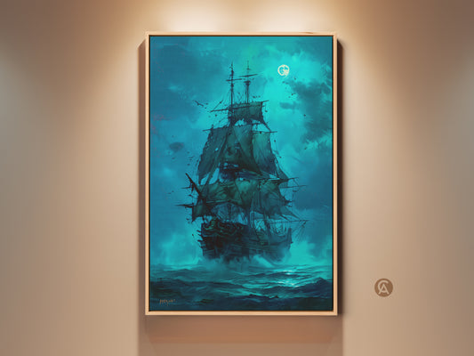 Framed Artwork of a Pirate Ship Sailing Under the Moonlight. This wall art is perfect for any room. The canvas art features rich blues and blacks. The vintage style adds character. A great choice for home decor. Buy this nautical themed art today
