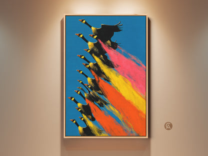 Geese Flying Canvas Print showcases a flock in flight. This wall art features vibrant pink yellow orange strokes against a blue sky. It blends nature and retro art styles. Ideal eclectic home decor for animal art enthusiasts. Discover this colorful bird print for entry halls.