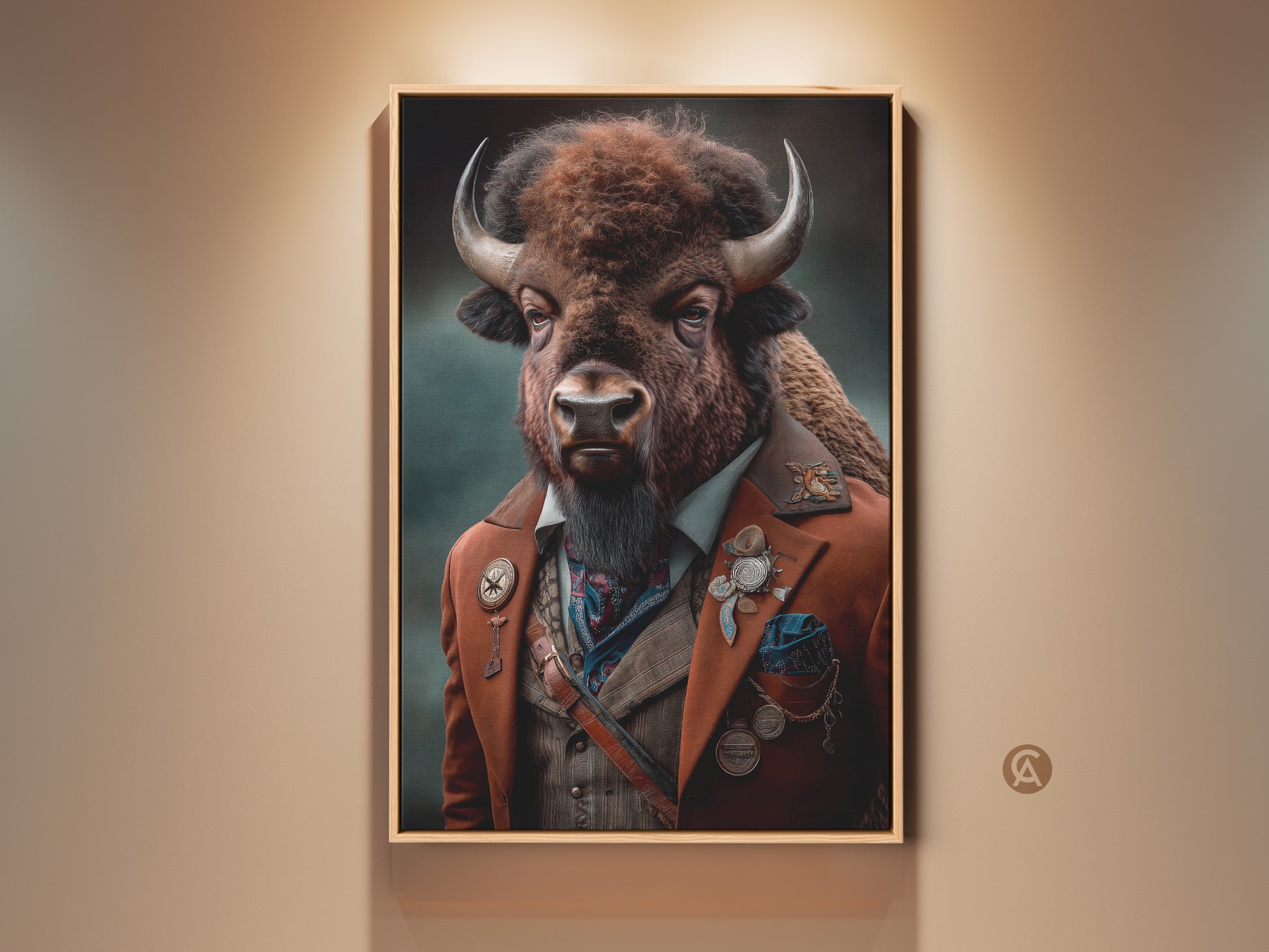 Steampunk Victorian Bison portrait is framed in a room setting. This anthropomorphic animal decor features a bison in a detailed suit. It is perfect for an eclectic study and office space. The art print blends fantasy with a vintage aesthetic. This is a unique gift for animal lovers.