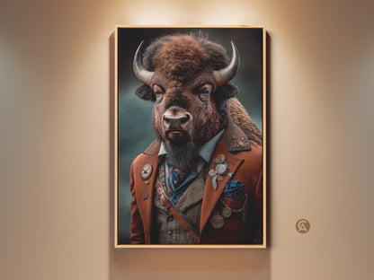 Steampunk Victorian Bison portrait is framed in a room setting. This anthropomorphic animal decor features a bison in a detailed suit. It is perfect for an eclectic study and office space. The art print blends fantasy with a vintage aesthetic. This is a unique gift for animal lovers.