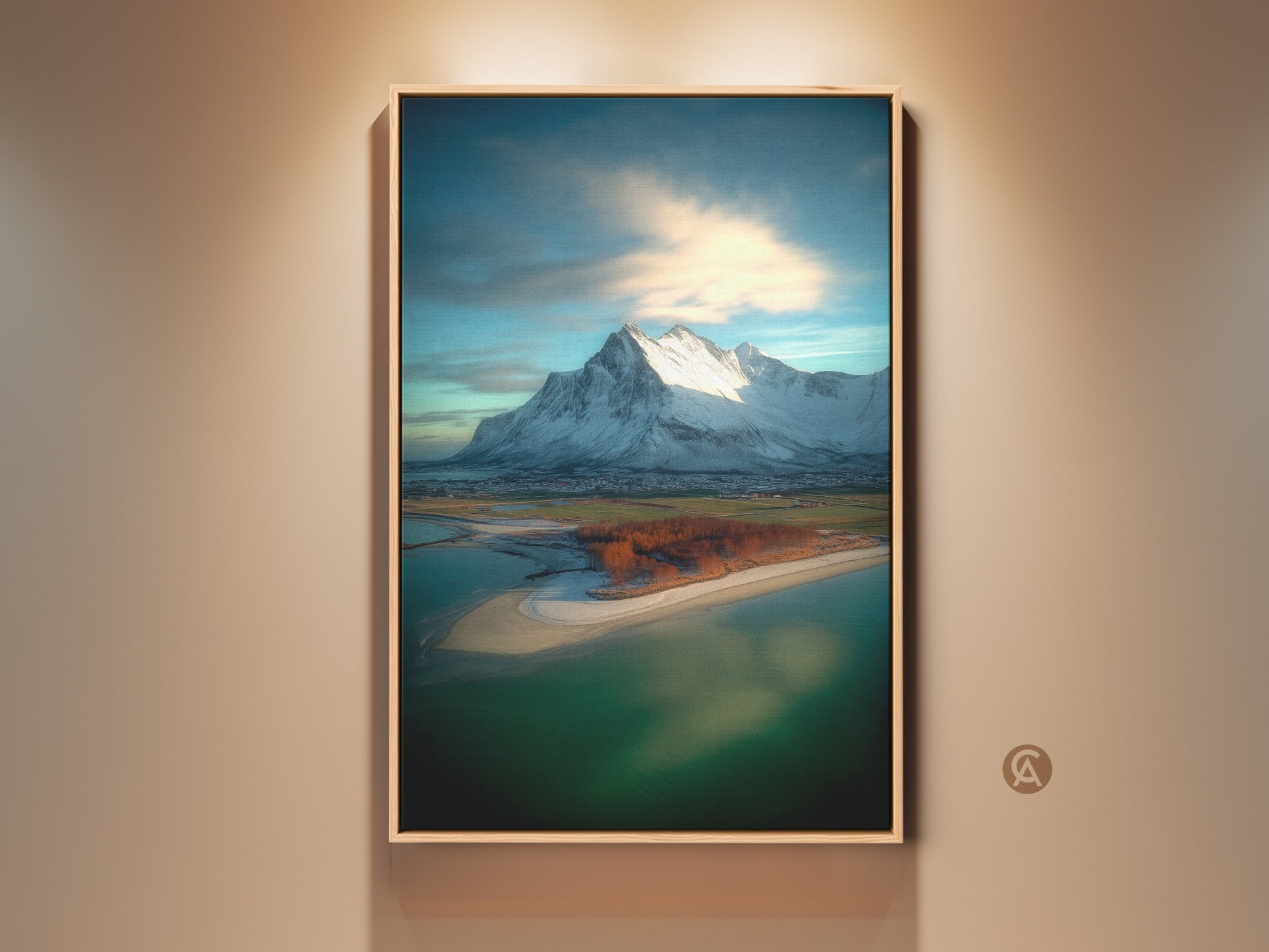 Framed coastal village snowy mountain canvas art print. This photorealistic scenic landscape wall art features blue teal bedroom decor. A unique housewarming gift for travel and nature lovers.