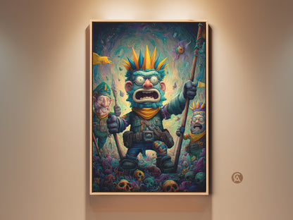 A surreal art piece features a blue-skinned monster. He stands defiantly with two goblin-like figures amidst a sea of skulls. The artwork is rich in color and detail bringing a whimsical yet macabre scene to life. Perfect for adding an edgy touch to any art collection.