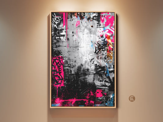 Framed Graffiti art in a light wood frame. The artwork features a blend of black white and pink tones. This modern art piece brings an urban edge to any interior setting wall art.