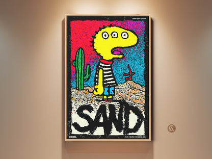 Vibrant framed artwork featuring a yellow three-eyed character in a desert setting. The art includes a cactus and the word SAND in bold letters. A bold piece that adds a pop of color to any room. Find art prints and canvas art online.