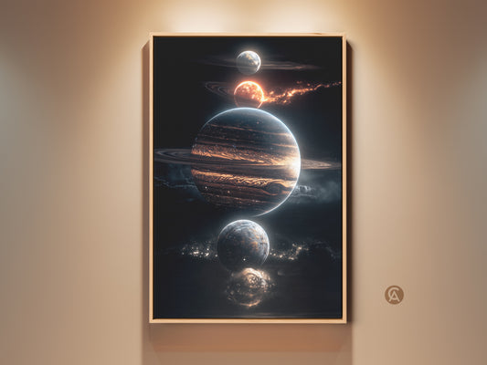 Framed planet art hanging on a wall. The artwork features a stack of planets. The planets have an outer space theme. The frame is a natural wood color. Decorate your space with this cosmic artwork.