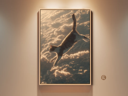 Experience surreal cat artwork. A feline leaps through clouds in this print. Perfect eclectic bedroom decor with orange brown and gold tones. Gift the whimsical art.