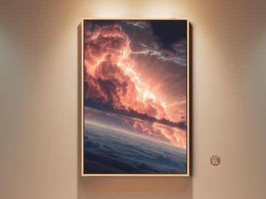 Stunning framed artwork of a dramatic sky. Fiery clouds meet the horizon in this captivating piece. The artwork is beautifully framed and ready to hang. Perfect for adding a touch of drama to any room. A great conversation starter.