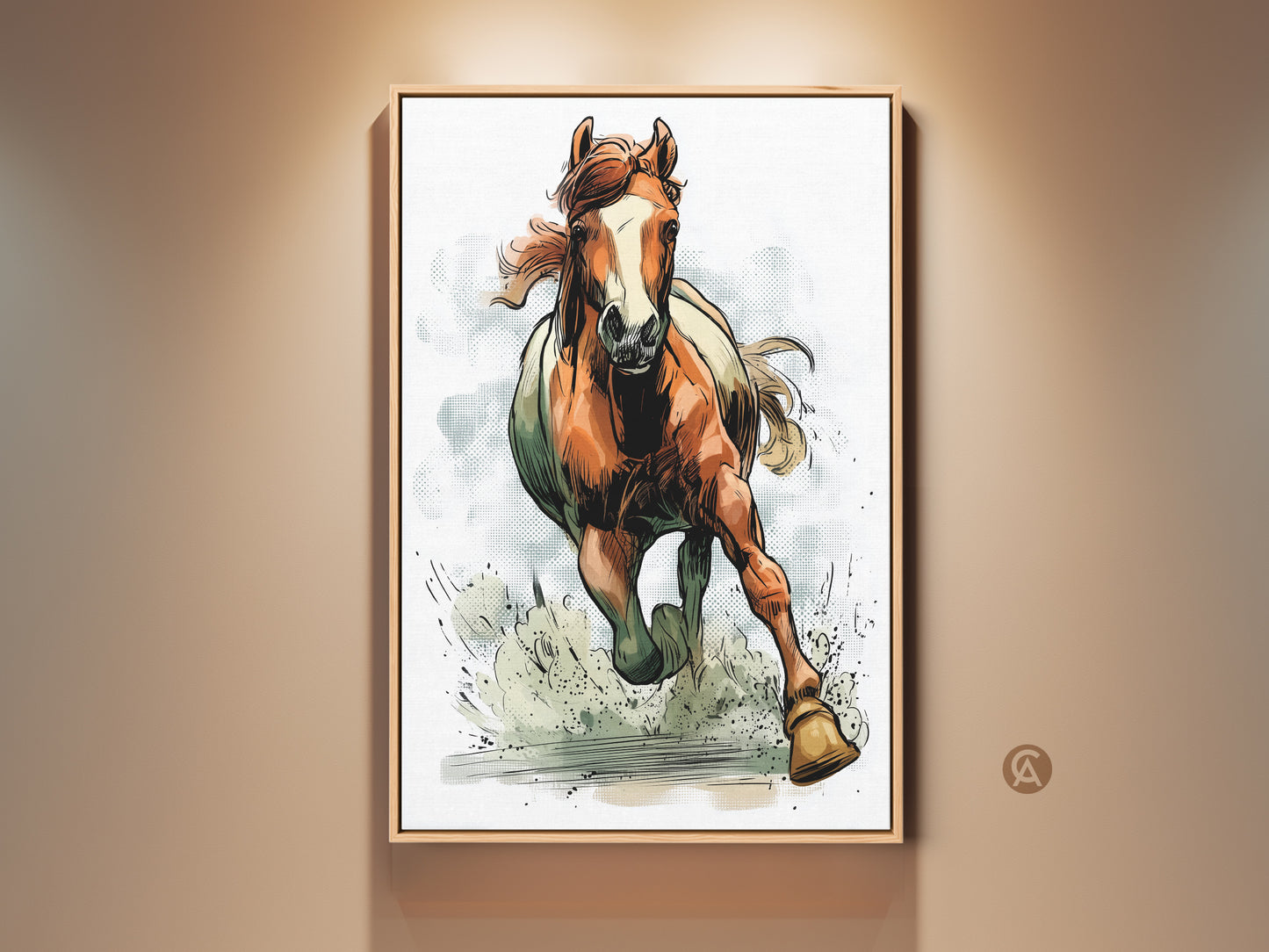 Rustic horse art print is displayed in a living space. The equestrian canvas wall decor showcases a running wildlife animal painting. This orange brown home art adds a touch of nature to a bedroom. The artwork captures the dynamic energy of a wild horse in motion. A perfect piece for equestrian themed decor.