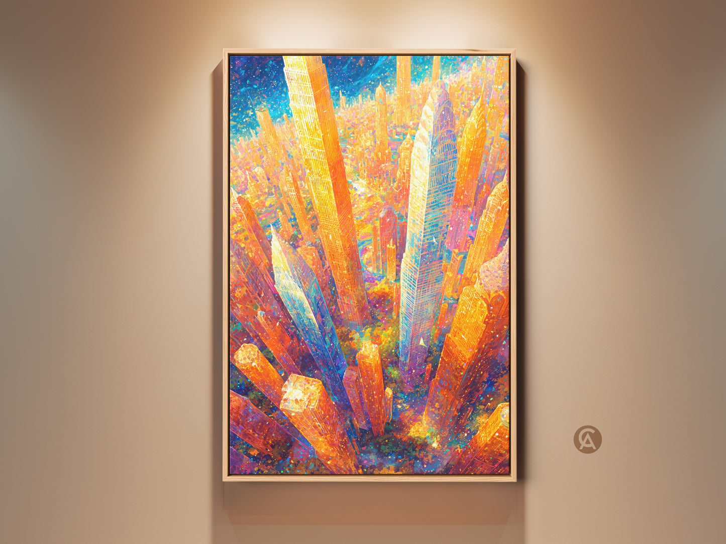 Gallery display of a vibrant cityscape artwork. The artwork features towering buildings in hues of orange and blue. It's framed and hung on a neutral wall creating a sophisticated art showcase.