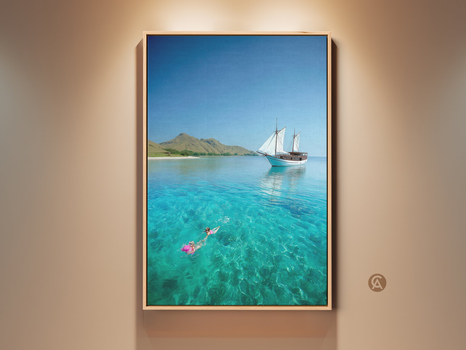 Turquoise ocean canvas print features a sailboat. A snorkeler swims in the clear tropical water. This coastal artwork brings a beach house vibe. A perfect travel gift or nautical decor piece.