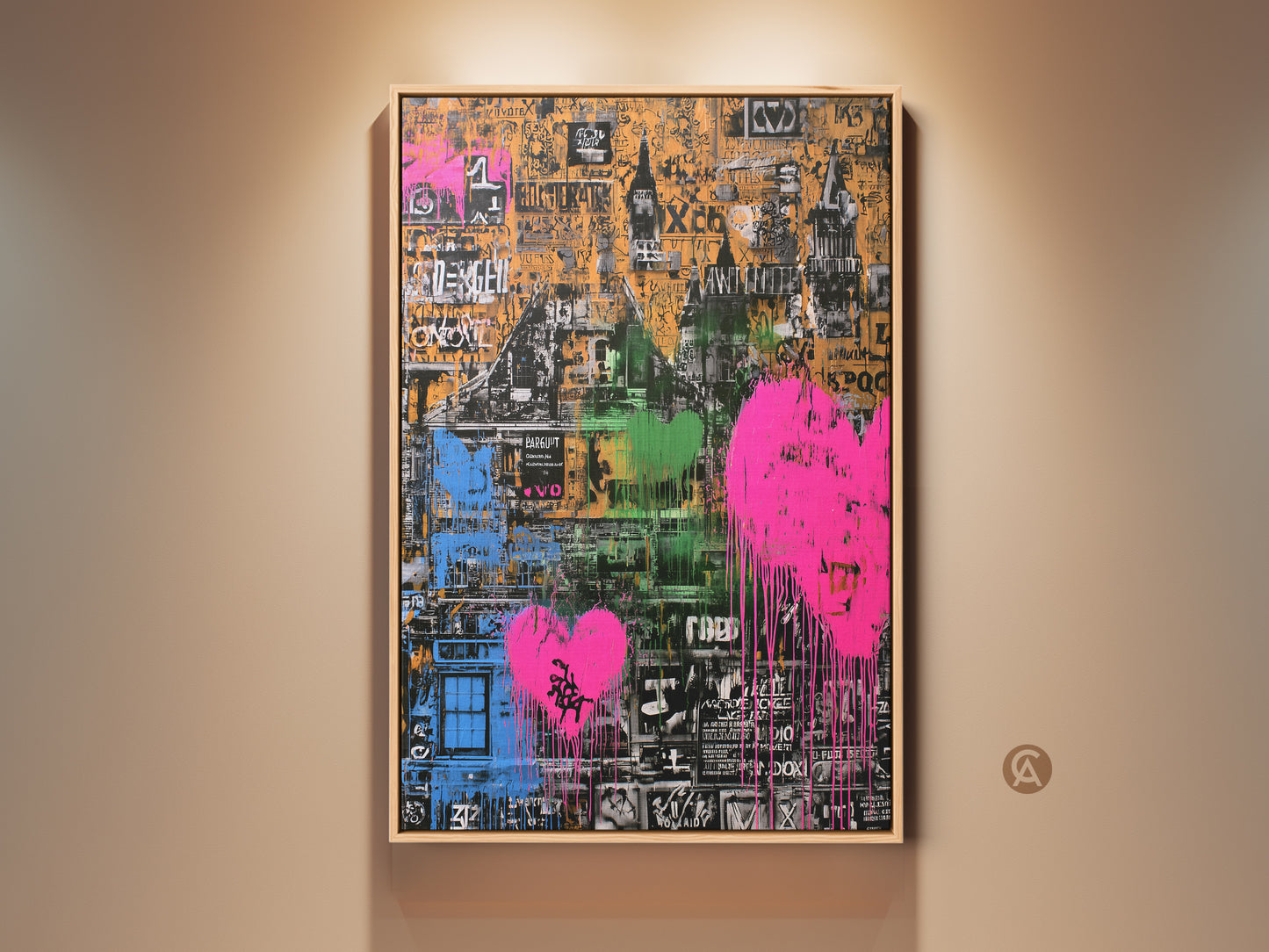 Vibrant abstract cityscape canvas art print. Features a graffiti heart design in pink green and orange tones. Eclectic wall decor for modern homes and city lovers. A unique housewarming gift. The artwork adds a bold urban touch to any space.