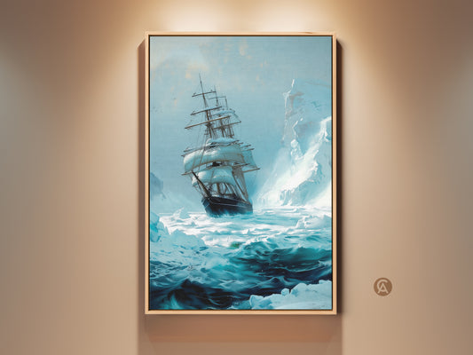 A framed nautical tall ship art print hangs on a wall. This vintage ocean sailboat canvas features an iceberg maritime adventure. The deep teal blue artwork adds a touch of classic seafaring charm.