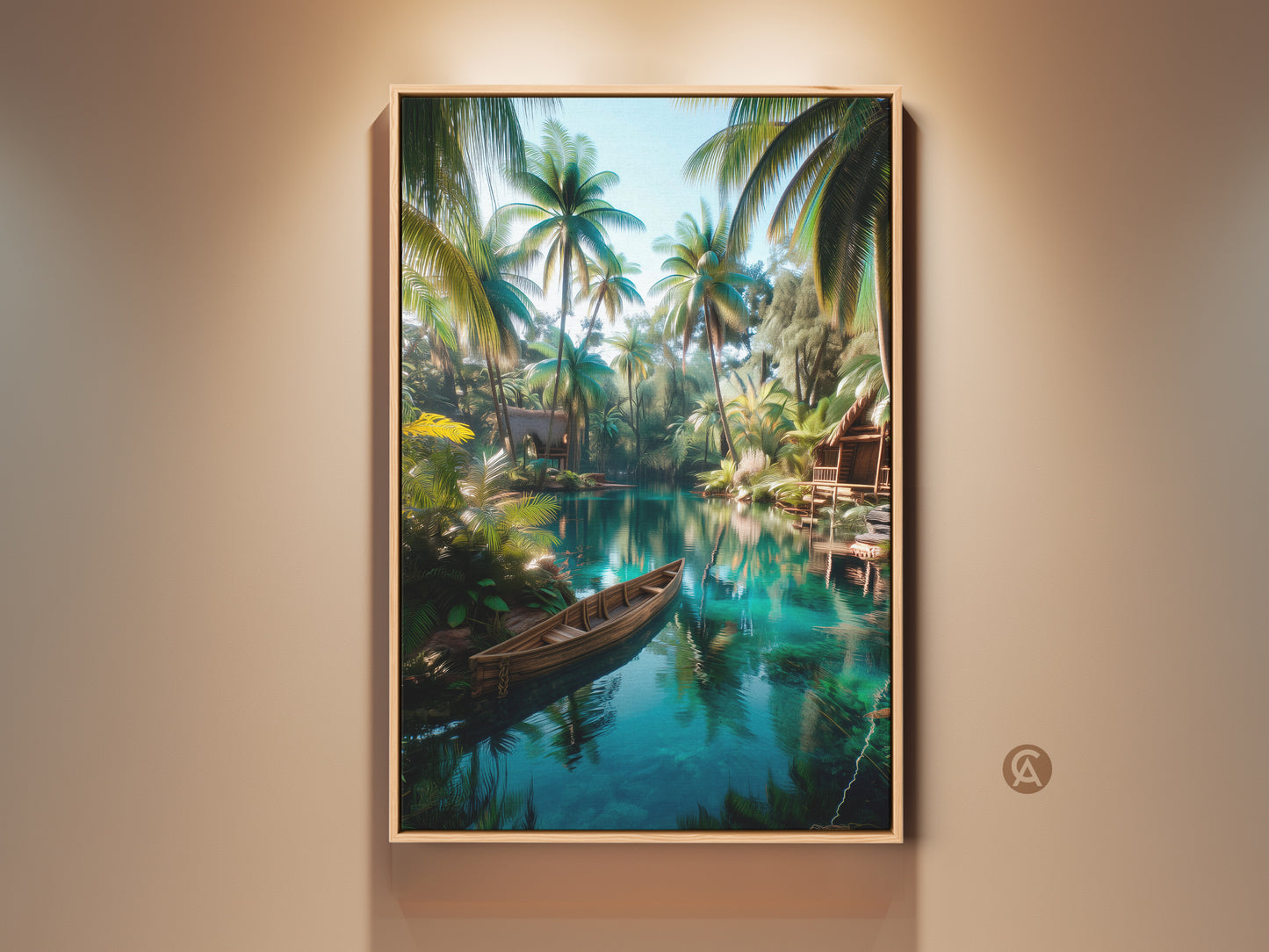 Framed tropical art featuring a serene lagoon with palm trees and a wooden boat. The artwork evokes a sense of peaceful escape. It is perfect for adding a touch of nature to any room. The frame enhances the vibrant colors of the lagoon scene. Consider this artwork to elevate your space with tropical charm.
