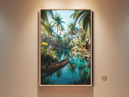 Framed tropical art featuring a serene lagoon with palm trees and a wooden boat. The artwork evokes a sense of peaceful escape. It is perfect for adding a touch of nature to any room. The frame enhances the vibrant colors of the lagoon scene. Consider this artwork to elevate your space with tropical charm.