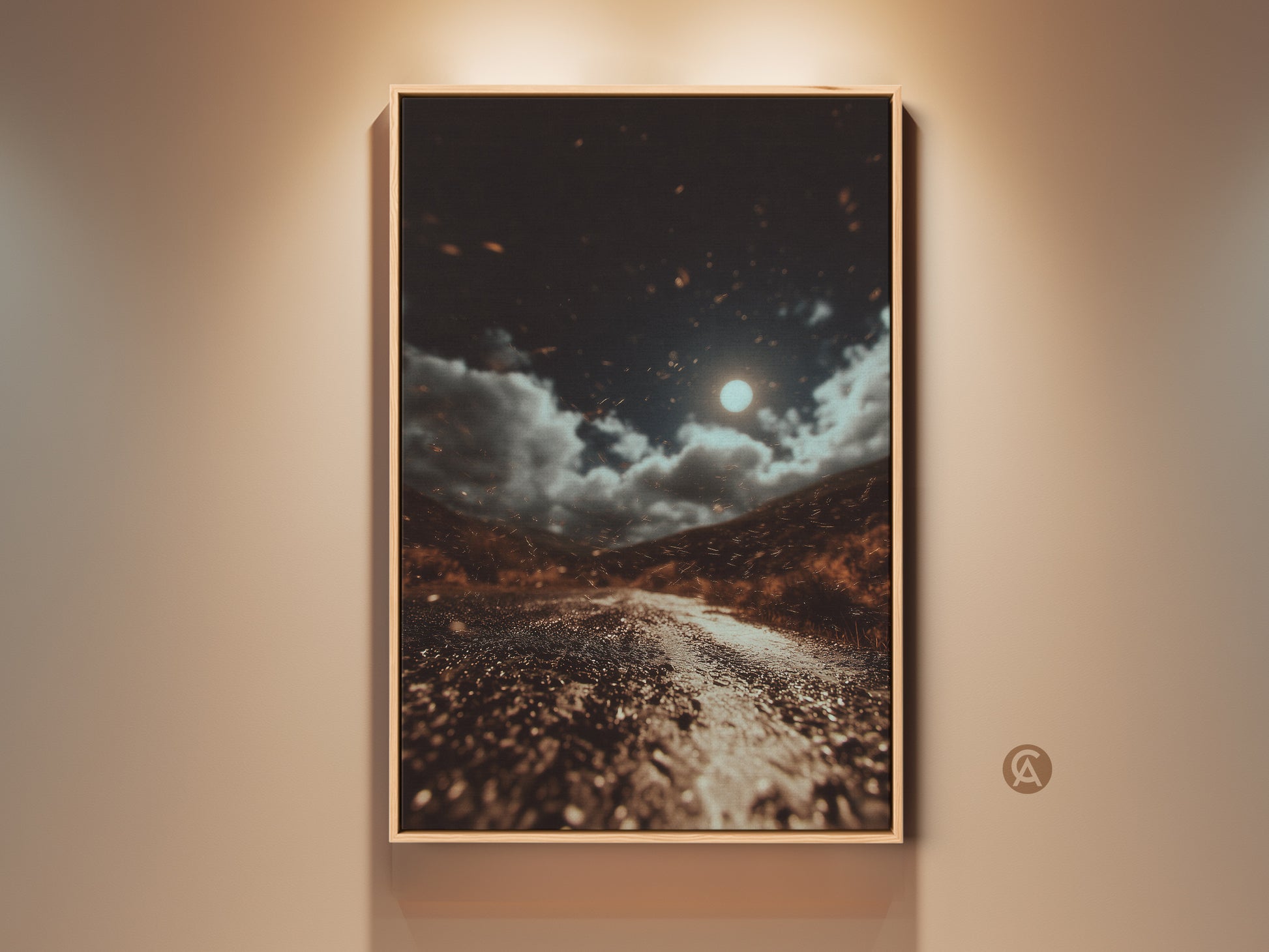 Explore this moonlit road canvas print. The dark brown and gray landscape art features orange accents. This eclectic home decor piece is a gift for travelers. The nature wall art print captures a celestial night sky. A cinematic road trip artwork brings a moody landscape to any room. Perfect for residential entry halls and fall season decor.