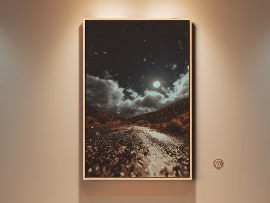 Explore this moonlit road canvas print. The dark brown and gray landscape art features orange accents. This eclectic home decor piece is a gift for travelers. The nature wall art print captures a celestial night sky. A cinematic road trip artwork brings a moody landscape to any room. Perfect for residential entry halls and fall season decor.