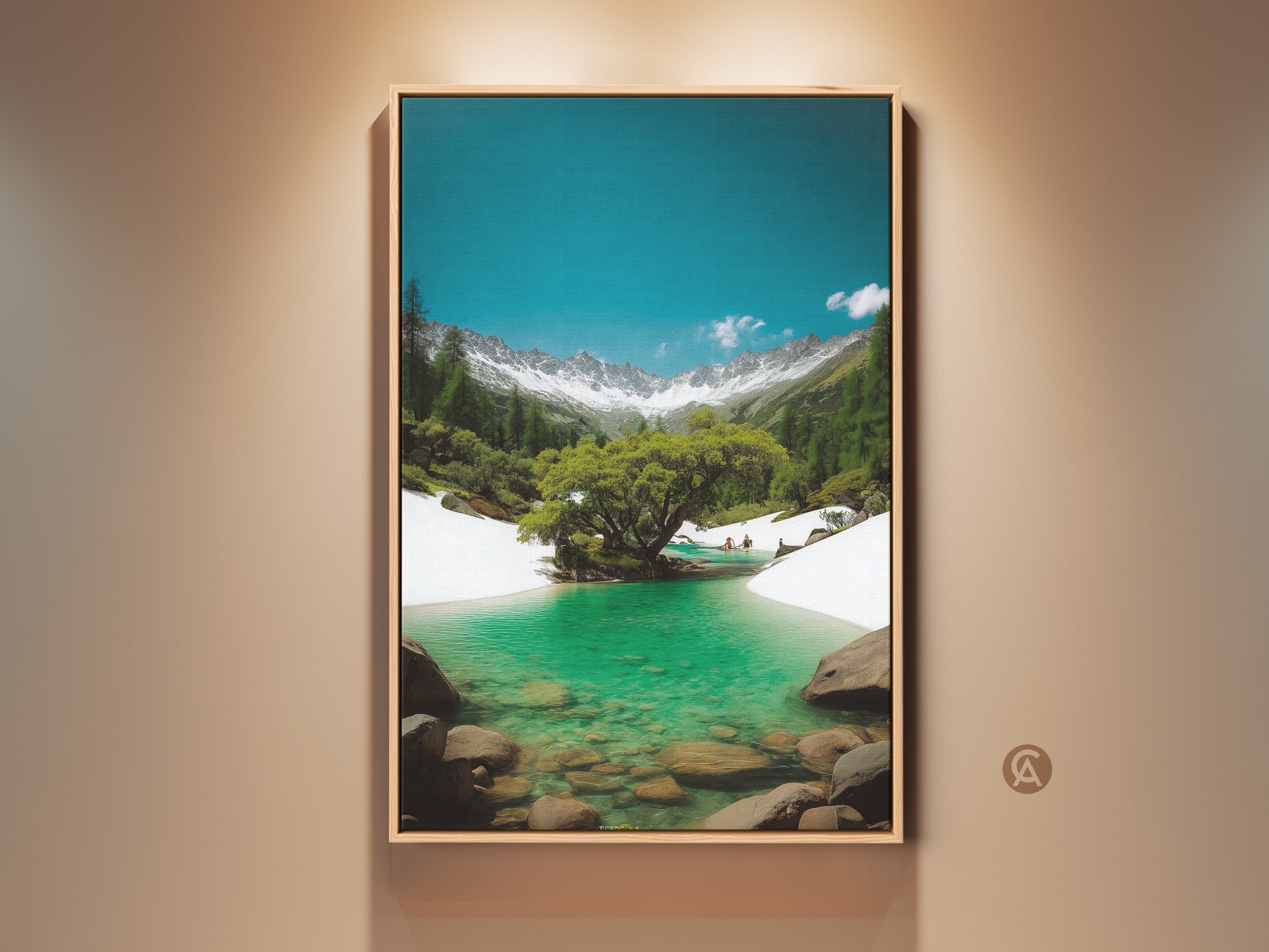Framed snowy mountain lake art print. This turquoise water landscape canvas features a realistic nature wall decor. Perfect gift for outdoor lovers. The modern frame enhances this beautiful artwork.