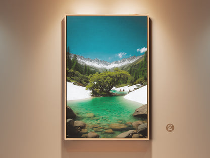Framed snowy mountain lake art print. This turquoise water landscape canvas features a realistic nature wall decor. Perfect gift for outdoor lovers. The modern frame enhances this beautiful artwork.