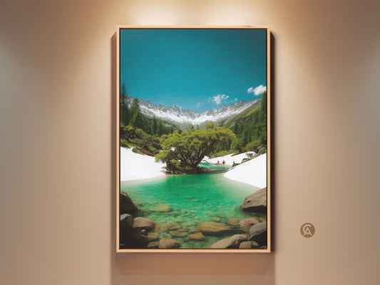 Framed snowy mountain lake art print. This turquoise water landscape canvas features a realistic nature wall decor. Perfect gift for outdoor lovers. The modern frame enhances this beautiful artwork.