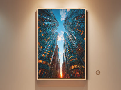 Modern skyscraper canvas print showcases urban architecture. Blue skyscrapers reach towards a blue sky. Windows glow with warm orange light. Perfect office decor or a gift for city lovers. This cityscape artwork is framed in oak. It adds sophisticated contemporary art to any space.