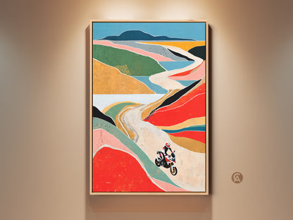 Immerse yourself in adventure with this abstract motorcycle art print. The artwork showcases a rider on a mountain road against a colorful landscape. This geometric canvas art adds a vibrant touch to any room. Perfect gift for the motorcycle enthusiast and eclectic home decor lover.