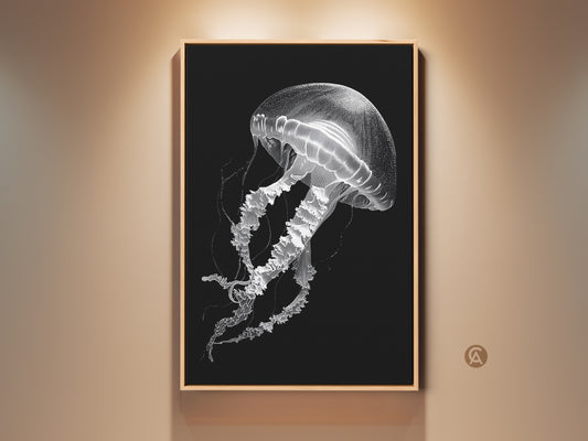 Monochrome jellyfish art print in a wooden frame. This vintage ocean illustration adds coastal charm to any room. Perfect bathroom wall art for marine life enthusiasts. Elegant jellyfish artwork enhances your nautical home decor. A timeless piece for beach lovers seeking unique wall art.