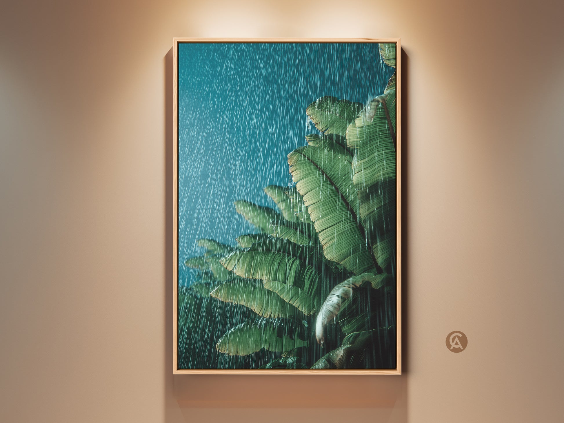 Framed green teal tropical art print featuring banana leaves in rain. This botanical wall art adds a touch of nature to bedroom decor. A calming boho plant lover gift. The artwork brings a serene and moody ambiance to any space with its lush green foliage and refreshing teal rain-streaked backdrop.