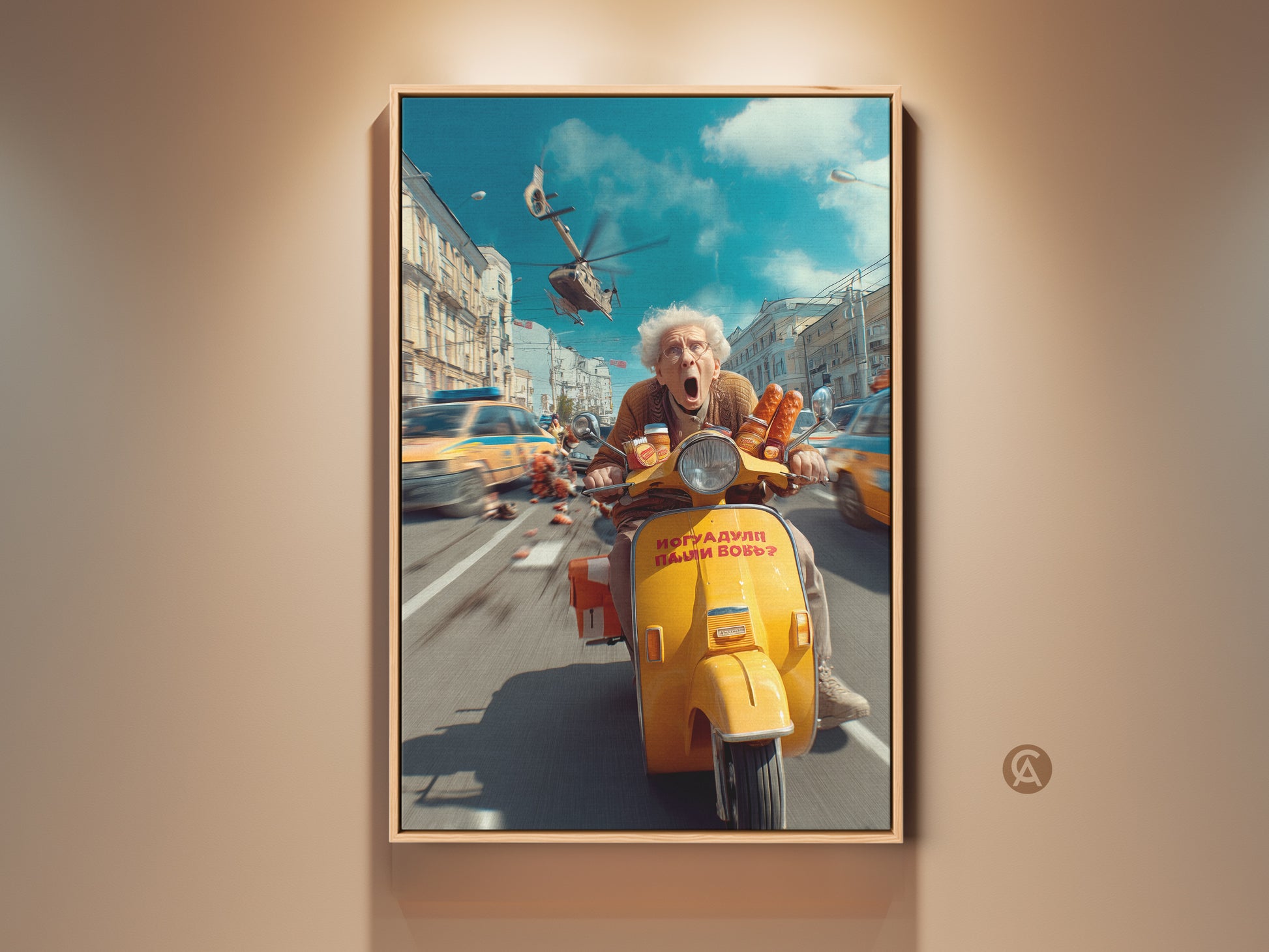 A framed art print features an elderly woman riding a yellow scooter. This artwork has a surreal cityscape backdrop in blue and yellow hues. It is a humorous piece that adds an eclectic touch to any room as wall decor.
