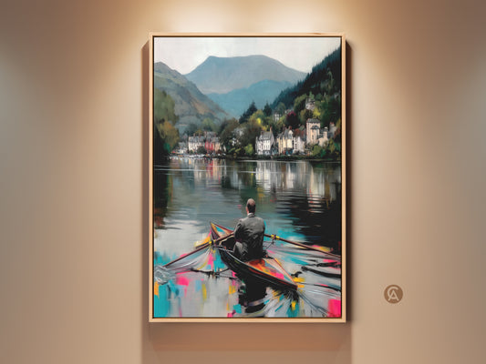 Framed view of a deep blue teal landscape canvas print. A man rows a boat on a reflective lake. Coastal village scenery adds to the art's appeal. This Impressionistic travel artwork enhances bedroom landscape decor.