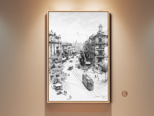 Framed vintage streetcar art. The black and white artwork shows a street scene with a streetcar. This ready to hang art is displayed in a natural wood frame. A perfect addition to your home decor.