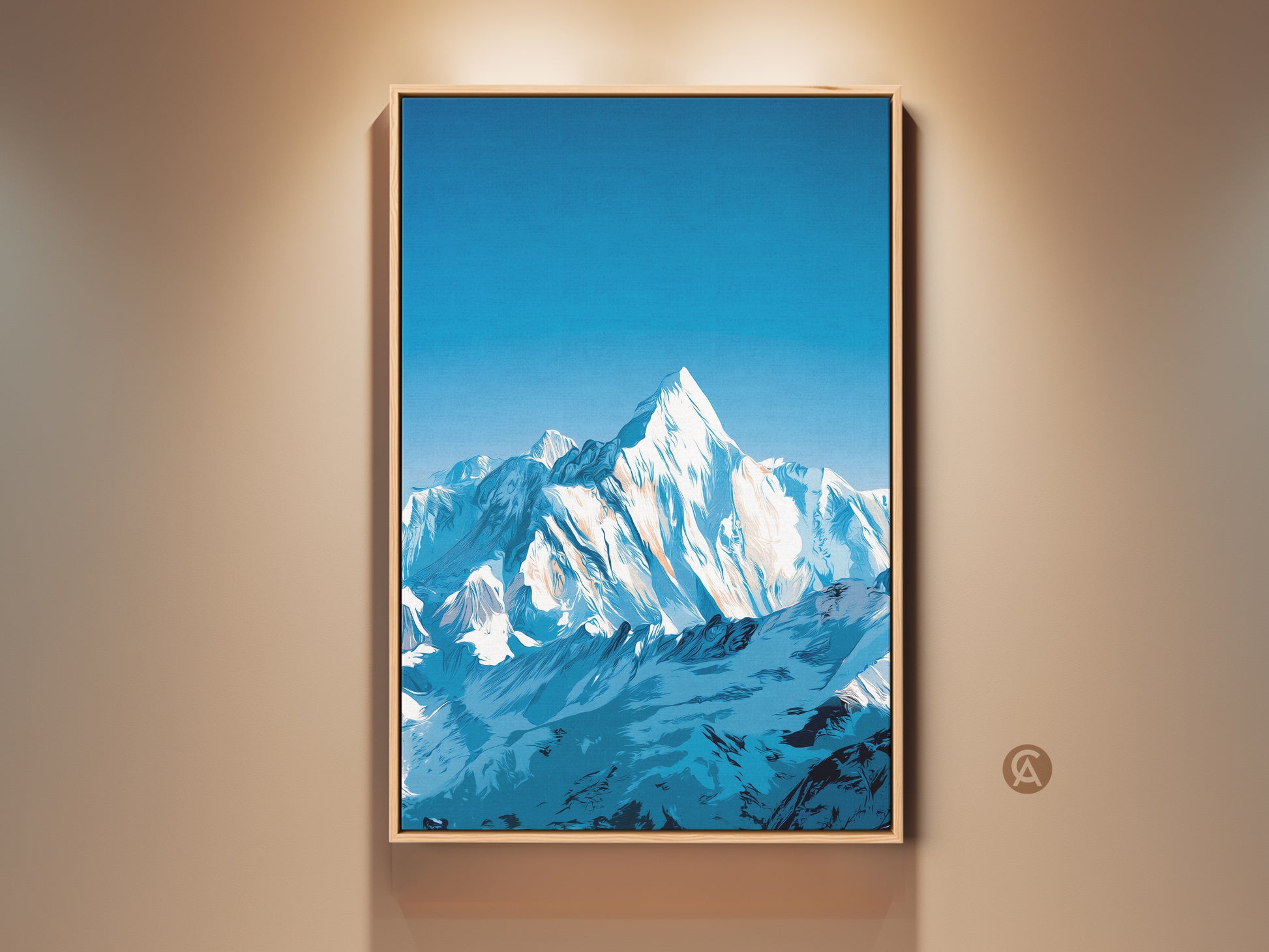 Modern stylized wall decor featuring a snowy mountain range art print. The deep blue sky landscape canvas adds natural beauty to any space. A thoughtful gift for hikers and outdoor enthusiasts.