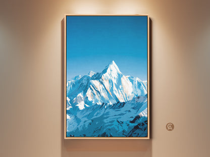 Modern stylized wall decor featuring a snowy mountain range art print. The deep blue sky landscape canvas adds natural beauty to any space. A thoughtful gift for hikers and outdoor enthusiasts.
