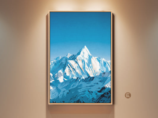Modern stylized wall decor featuring a snowy mountain range art print. The deep blue sky landscape canvas adds natural beauty to any space. A thoughtful gift for hikers and outdoor enthusiasts.