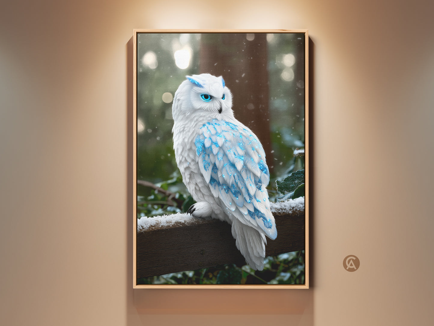 Framed fantasy snowy owl artwork with blue crystal feathers. This winter bird canvas wall art is an animal lover gift. A serene winter forest is in the background. Bring eclectic home decor with this unique owl portrait.