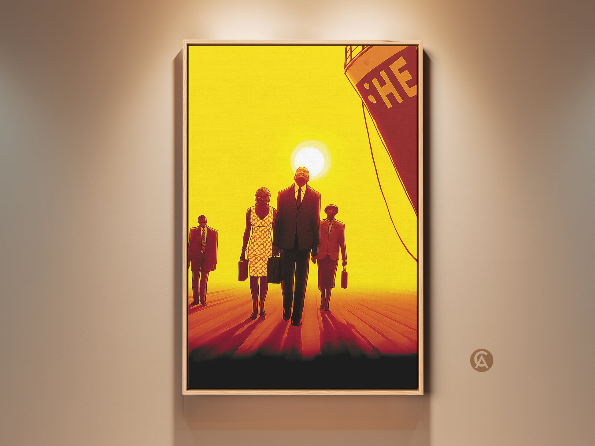 Contemporary canvas print featuring a retro scene. People are walking towards a ship at sunset. The artwork uses a yellow orange and red palette. It's great modern wall art for entryways or offices.