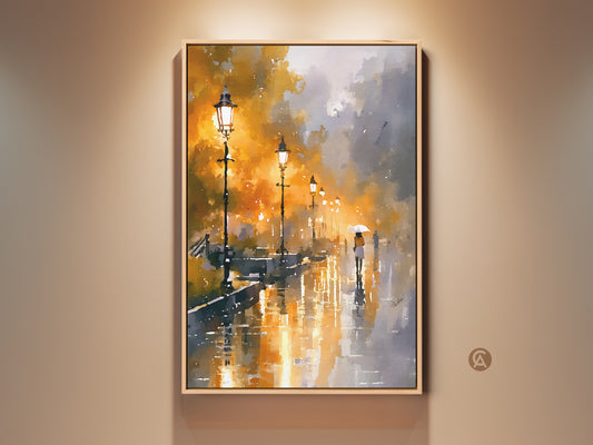 Golden yellow and grey watercolor cityscape art print. A romantic street lamp lights up a rainy urban scene. Perfect entry hall wall decor for travel and art lovers. This contemporary artwork adds sophistication to any home.