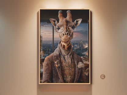 Framed canvas print displays anthropomorphic giraffe art. The regal animal wears a suit with cityscape backdrop. Gold and taupe tones offer an eclectic wall art piece. Perfect office decor or unique home art.