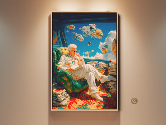A vibrant artwork of a man in a floral shirt relaxing indoors. He's surrounded by books with futuristic vehicles visible outside the window. The art style is surreal and colorful. Purchase this unique art piece today. Perfect for adding a touch of whimsy to any room.
