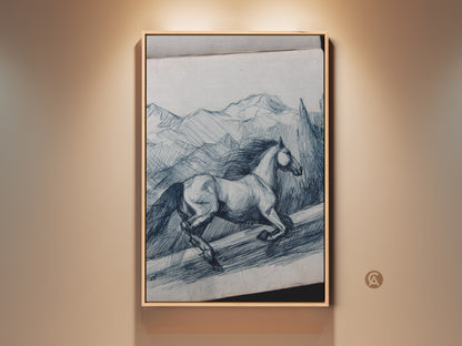 Rustic horse line art in indigo. This equestrian artwork captures a horse running through a mountain landscape. This sketch style art print is ideal for rustic decor. Perfect gift for horse lovers. This nature-inspired wall art is a beautiful piece for any room. Blue and white canvas art adds rustic charm to your country home.