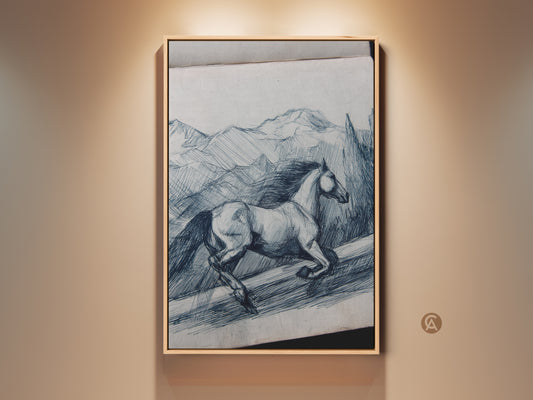Rustic horse line art in indigo. This equestrian artwork captures a horse running through a mountain landscape. This sketch style art print is ideal for rustic decor. Perfect gift for horse lovers. This nature-inspired wall art is a beautiful piece for any room. Blue and white canvas art adds rustic charm to your country home.