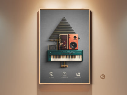 Modern geometric art print for music lovers. Abstract music tech synthesizer art in teal orange and gold.  A unique gift for musicians for their studio or office. This piece adds a touch of contemporary style. It is a sophisticated piece for any creative space.